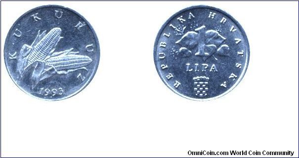 Croatia, 1 lipa, 1993, Al-Mg, 17mm, 0.7g, Kukuruz (Maize, Corn).                                                                                                                                                                                                                                                                                                                                                                                                                                                    