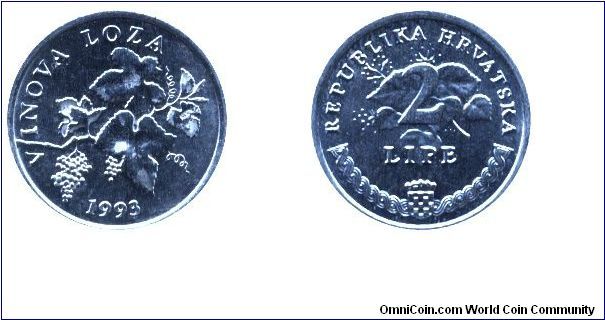 Croatia, 2 lipe, 1993, Al-Mg, 17mm, 0.92g, Vinova Loza (Common Grape Wine).                                                                                                                                                                                                                                                                                                                                                                                                                                         