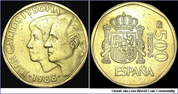 Spain - 500 Pesetas - 1988 - Weight 12 gr - Copper/Nickel/Aluminium - Size 28 mm - Thickness 2,8 mm - Alignment Coin (180°) - Ruler / Juan Carlos I (1975-) - Mintage 81 309 000 - Edge : Milled - Reference KM# 831 (1987-90)