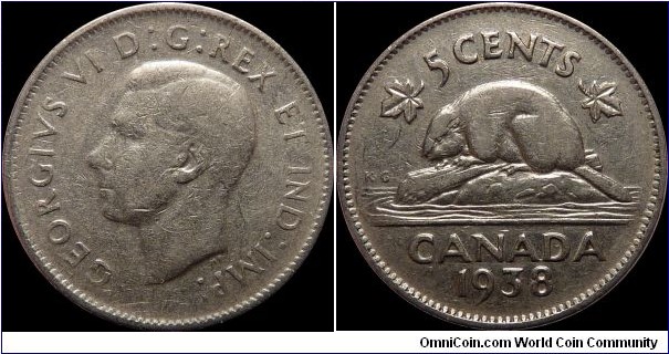 Canada 5 Cents 1938 ~ uneven wear: obverse: Good ~ reverse: Very Fine