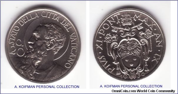 KM-3, 1930 Vatican /IX year of Pius XI 20 centesimi; nickel, reeded edge; brilliant uncirculated, mintage 80,000.