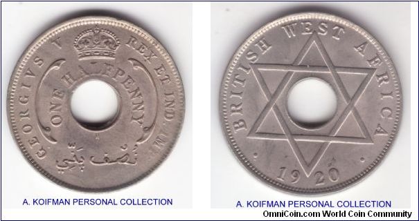 KM-8, 1920 British West Africa, Heaton mint (H mintmark); copper nickel, plain edge; uncirculated, obverse weakly struck in places