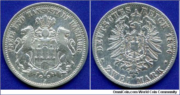 2 Mark.
German Empire.
Free Hansastadt Hamburg.
'J'- Hamburg mint.
Mintage 3,692,000 units.


Ag900f. 11,11gr.