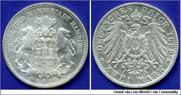 2 Mark.
German Empire.
Free Hansastadt Hamburg.
'J'- Hamburg mint.
Mintage 286,000 units.


Ag900f. 11,11gr.