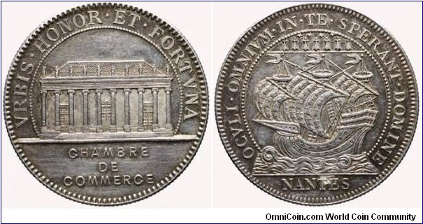 Silver jeton, CHAMBER OF COMMERCE; Building of the Chamber of commerce R/. Sailing boat. Tr. fluted. Edge mark: Cornucopia. 32 mm.