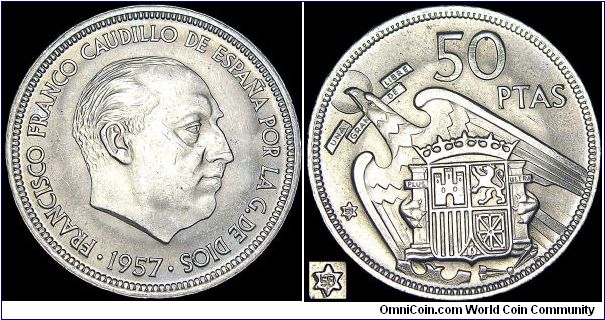 Spain - 50 Pesetas - 1958 (1957) - Weight 12,35 gr - Copper / Nickel - Size 30.0 mm - Ruler / Francisco Franco (1939-75) - Mintage 21 471 000 - Minted in Madrid / Spain - Edge lettering : UNA GRANDE LIBRE - Reference KM# 788 (1957-75)