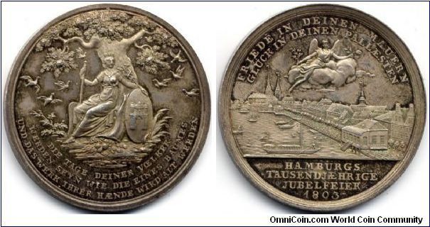 German States 1803 Hamburg City Silver Millennium Jubilee Medal. 39mm.