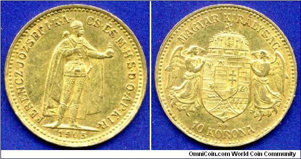 10 Korona.
Austro-Hungary Empire.
Franc Ioseph I (1848-1916).
'KB'- Kremnitz mint.
Mintage 526,000 units.


Au900f. 3,387gr.