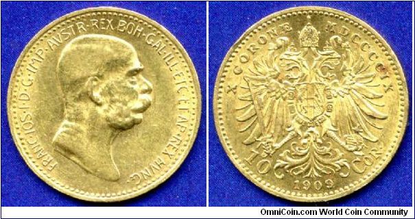 10 Corona.
Austro-Hungary Empire.
Franc Ioseph I (1848-1916).
Mintage 2,320,000 units.


Au900f. 3,387gr.