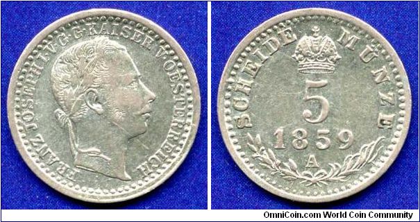 5 kreuzer.
Austrian Empire.
Franc Ioseph I (1848-1916).
'A' - Wien mint.


Ag375f. 1,3333gr.