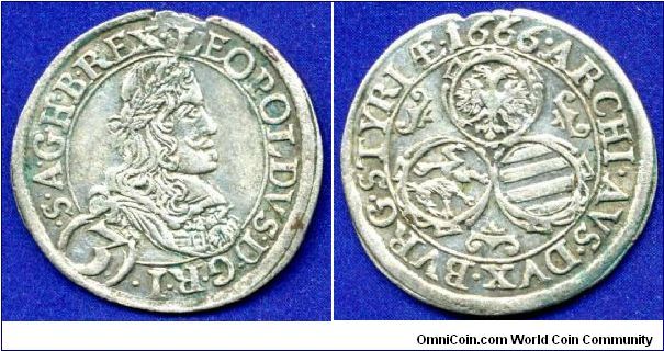 3 kreutzer.
Leopold I (1658-1705) von Habsburg, Emperor of Holy Roman Empire.
Graz mint.


Ag.