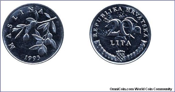 Croatia, 20 lipa, 1993, Ni-Steel, 18.5mm, 2.9g, Maslina (Olive Tree).                                                                                                                                                                                                                                                                                                                                                                                                                                               