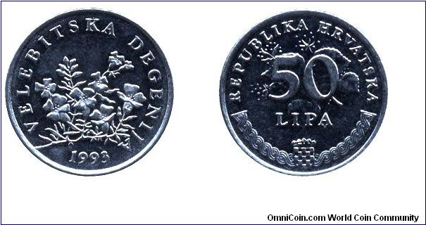 Croatia, 50 lipa, 1993, Ni-Steel, 20.5mm, 3.65g, Velebitska Degenija.                                                                                                                                                                                                                                                                                                                                                                                                                                               