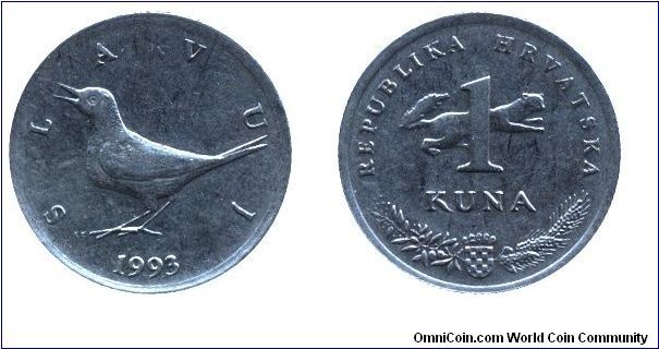 Croatia, 1 kuna, 1993, Cu-Ni-Zn, 22.5mm, 5g, Slavuj (Nightingale).                                                                                                                                                                                                                                                                                                                                                                                                                                                  