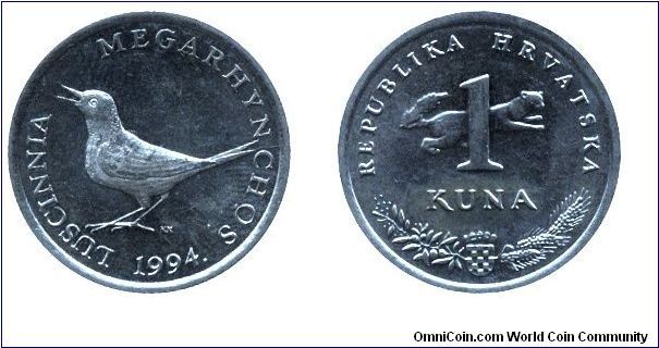 Croatia, 1 kuna, 1994, Cu-Ni-Zn, 22.5mm, 5g, Luscinnia Megarhyn (Nightingale)                                                                                                                                                                                                                                                                                                                                                                                                                                       