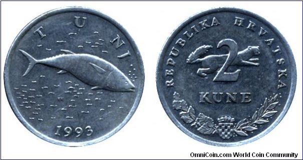 Croatia, 2 kune, 1993, Cu-Ni-Zn, 24.5mm, 6.2g, Tunj (Tuna Fish).                                                                                                                                                                                                                                                                                                                                                                                                                                                    