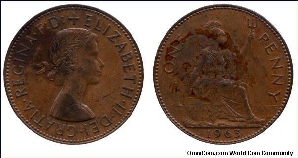 United Kingdom, 1 penny, 1963, Bronze, 31mm, 9.4g, Queen Elizabeth II, Seated Britannia.                                                                                                                                                                                                                                                                                                                                                                                                                            
