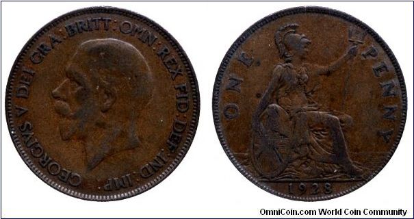 United Kingdom, 1 penny, 1928, Bronze, 31mm, 9.4g, King George V, Seated Britannia.                                                                                                                                                                                                                                                                                                                                                                                                                                 