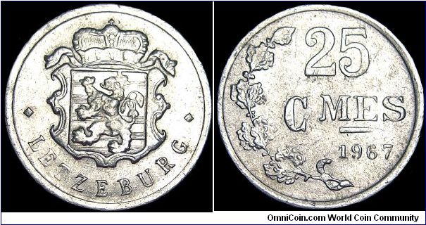 Luxembourg - 25 Centimes - 1967 - Weight 0,8 gr - Aluminum -Size 18,5 mm - Ruler / Jean, Grand Duke of Luxembourg (1964-2000) - Mintage 3 000 000 - Edge : Plain - Reference KM# 45a.1 (1954-72)
