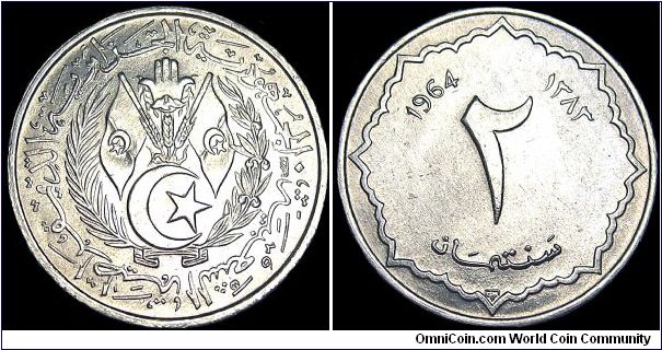 Algeria - 2 Centimes - AH1383 / 1964 - Weight 0,6 gr - Aluminum - Size 18,3 mm - President / Muhamed Ahmed Benbella (1963-65) - Mintage 50 000 000 - Edge : Plain - Reference KM# 95 (1964)
