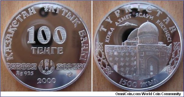 100 Tenge - City of Turkestan 1500 years - 24 g Ag .925 Proof - mintage 3,000 (very hard to find!)