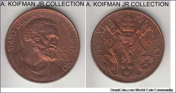 KM-2, 1936 Vatican 10 centesimi; bronze, plain edge; Year XV of Pius XI, deep dark red uncirculated, mintage 81,000.