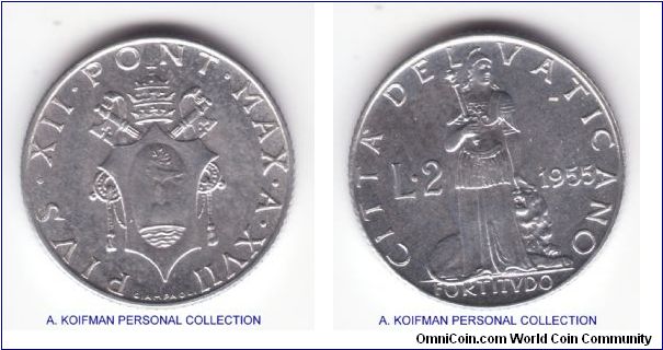 Y#50, 1955/XVII year of Pius XII 2 lire; aluminum, reeded edge; scarcer 20,000 mintage coin in nice uncirculated condition