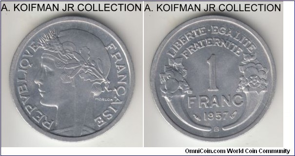 KM-885a.2, 1957 France franc, Beaumont mint (B mintmark); aluminum, plain edge; nice uncirculated specimen.