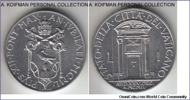 KM-44, 1950 Vatican /XII year of Pius XII lira; aluminum, plain edge; lightly toned uncirculated, one year commemorative type, Holy Year door, mintage 50,000.