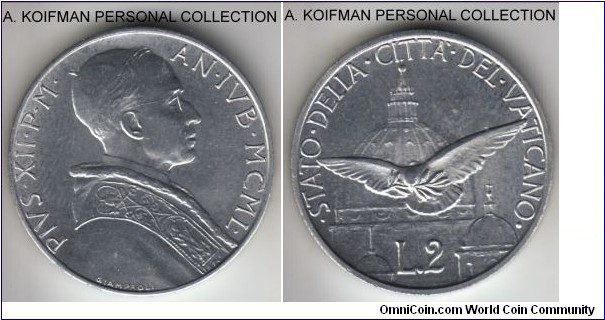 KM-45, 1950 Vatican /XII year of Pius XII 2 lire; aluminum, plain edge; lightly toned uncirculated, Holy Year one year type, Dove and St. Peter's basilica dome, mintage 50,000.