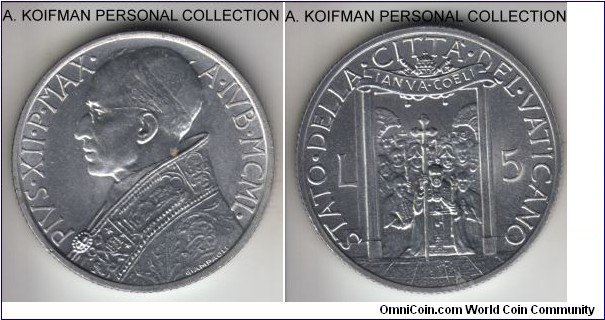KM-46, 1950 Vatican /XII year of Pius XII 5 lire; aluminum, plain edge; 1 year type uncirculated, Holy Year, procession through Holy Year door, mintage 50,000.