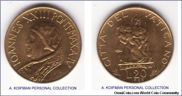 KM-62.2, 1962 Vatican /IV year of John XXIII 20 lire; aluminum-bronze, reeded edge; uncirculated or almost, mintage 50,000.