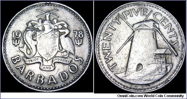 Barbados - 25 Cent - 1978 - Weight 5,7 gr - Copper / Nickel - Size 23,6 mm - Reverse / Morgan Kewis sugar mill - Designer / Philip Nathan - Mintage 2 407 000 - Edge : Reeded - Reference KM# 13 (1973-2000)