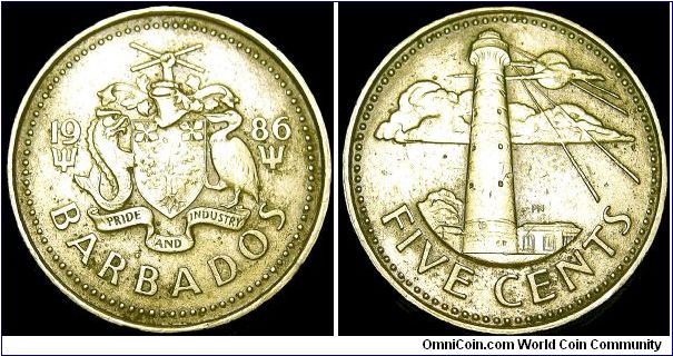 Barbados - 5 Cents - 1986 - Weight 3,7 gr - Brass - Size 21 mm - Ruler / Elizabeth II (1952-) - Reverse / South Point lighthouse - Designer / Philip Nathan - Edge : Plain - Reference KM# 11 (1973-2000)