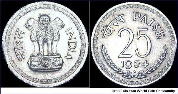 India Republic - 25 Paise - 1974 - Weight 2,5 gr - Copper / Nickel - Size 19 mm - President / Varahagiri Venkata Giri (1969-74) - Edge : Reeded - Reference KM# 49.1 (1972-88)