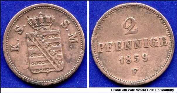 2 pfennige.
Kingdom of Saxony.
King Johann (1854-1873) von Sachsen.
'F'- mintmaster Gustav Theodor Fischer work on Dresden mint in 1845-60.
Mintage 1,103,000 units.


Cu.