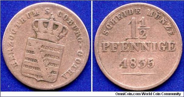 1-1/2 pfennige.
Sachsen-Coburg-Gotha.
Ernst I (1826-1844).


Cu.