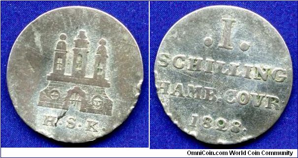 1 schilling.
Free city Hamburg.
'HSK'- mintmaster Hans Schierven Knoph 1805-42.
Mintage 142,000 units.


Ag375f. 1,08gr.