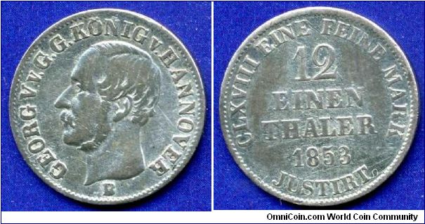 1/12 Thaler.
Kingdom of Hannover.
Georg V (1851-1866).
'B'- Hannover mint.


Ag520f. 2,67gr.