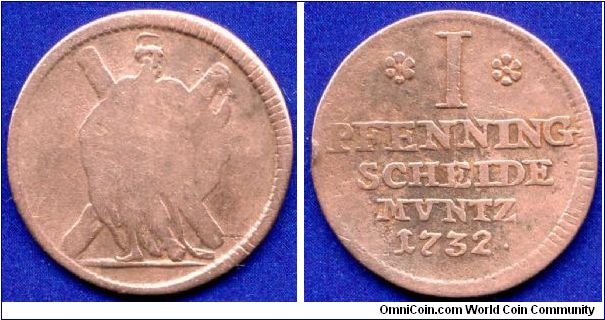 1 pfenning.
Braunschweig-Calenberg-Hannover.
Georg II (1727-1760).
Ausbeute Copper Pfennig.


Cu.