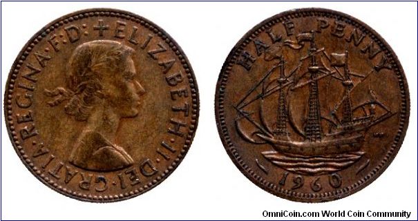 United Kingdom, 1/2 penny, 1960, Bronze, 25mm, 5.7g, Sailing Ship: Sir Francis Drake's Golden Hind, Queen Elizabeth II.                                                                                                                                                                                                                                                                                                                                                                                             