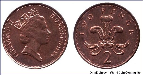 United Kingdom, 2 pence, 1994, Cu-Steel, 25.9mm, 7.12g, Queen Elizabeth II.                                                                                                                                                                                                                                                                                                                                                                                                                                         