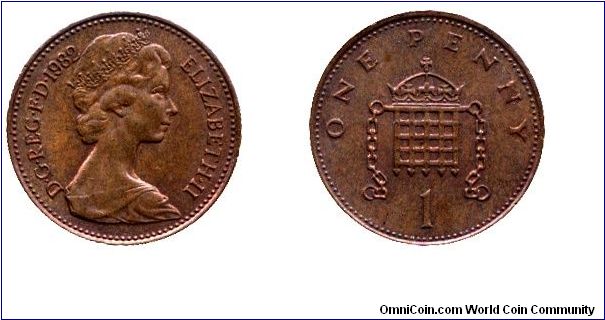 United Kingdom, 1 penny, 1982, Bronze, 20.32mm, 3.56g, Portcullis, Queen Elizabeth II.                                                                                                                                                                                                                                                                                                                                                                                                                              