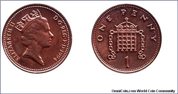 United Kingdom, 1 penny, 1994, Cu-Steel, 20.32mm, 3.56g, Portcullis, Queen Elizabeth II.                                                                                                                                                                                                                                                                                                                                                                                                                            