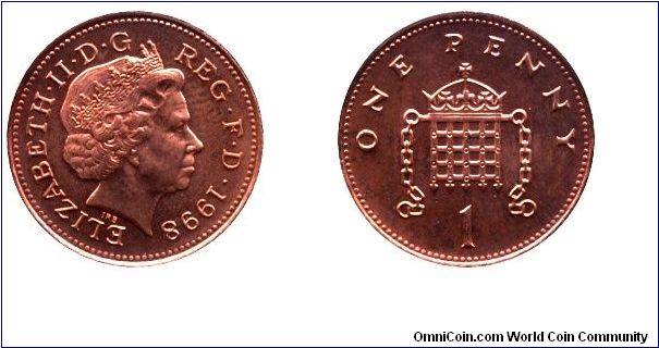 United Kingdom, 1 penny, 1998, Cu-Steel, 20.32mm, 3.56g, Portcullis, Queen Elizabeth II.                                                                                                                                                                                                                                                                                                                                                                                                                            
