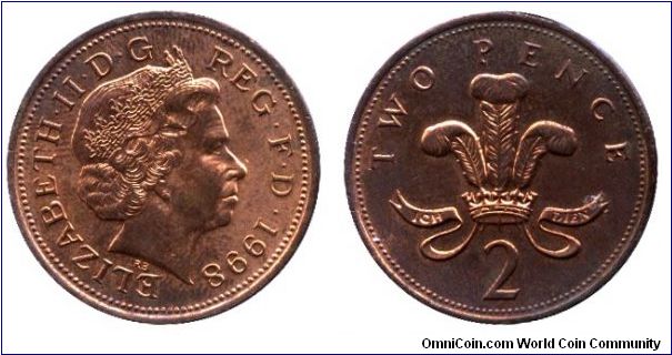 United Kingdom, 2 pence, 1998, Cu-Steel, 25.9mm, 7.12g, Queen Elizabeth II.                                                                                                                                                                                                                                                                                                                                                                                                                                         