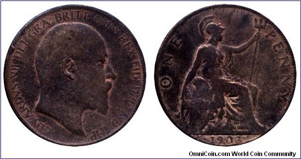 United Kingdom, 1 penny, 1903, Bronze, 31mm, 9.4g, Britannia seated, King Edward VII.                                                                                                                                                                                                                                                                                                                                                                                                                               
