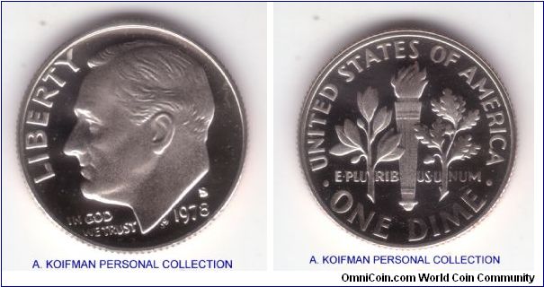 KM-195a, 1978 United States of America 10 cents (dime), San Francisco mint(S mintmark; proof, copper nickel clad copper, reeded edge; very nice proof, a tiny field surface contact behind Roosevelt head keeps in from being perfect, looks cameo or deep cameo to me