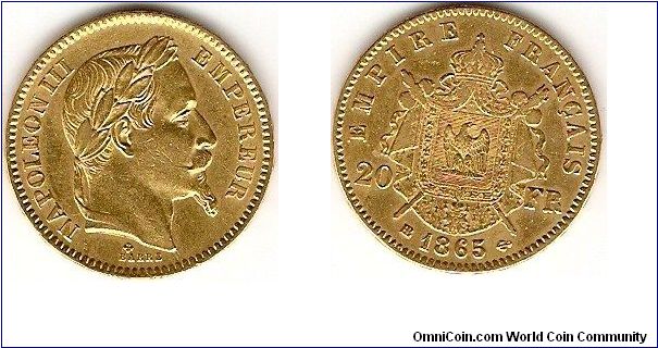 Second Empire
20 francs
Napoleon III laureate head
Strasbourg Mint
0.900 gold