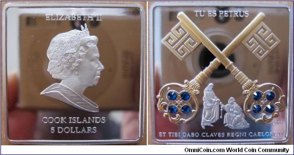 5 Dollars - Tu es Petrus - 25 g Ag .925 Proof (gold plated keys and 8 blue Swarovski crystals) - mintage 5,000